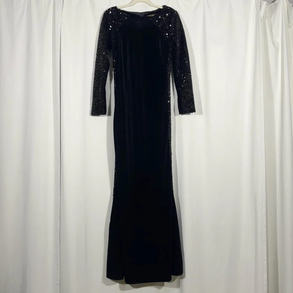 Vintage Black Velvet Sequin Panel Long Sleeve Dress